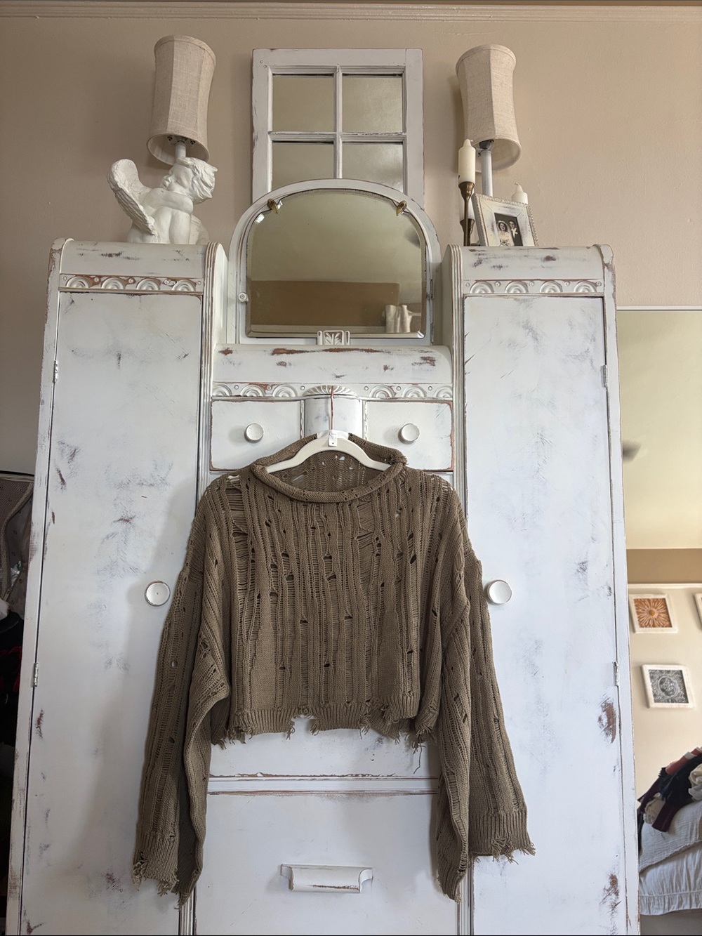 Cropped Distressed Turtleneck Sweater in Olive Brown